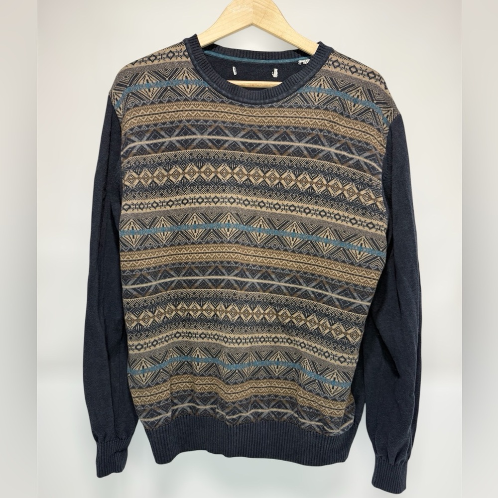 Alex Cannon Men's Fair Isles Patterned Sweater - Navy and Tan 100% Cotton